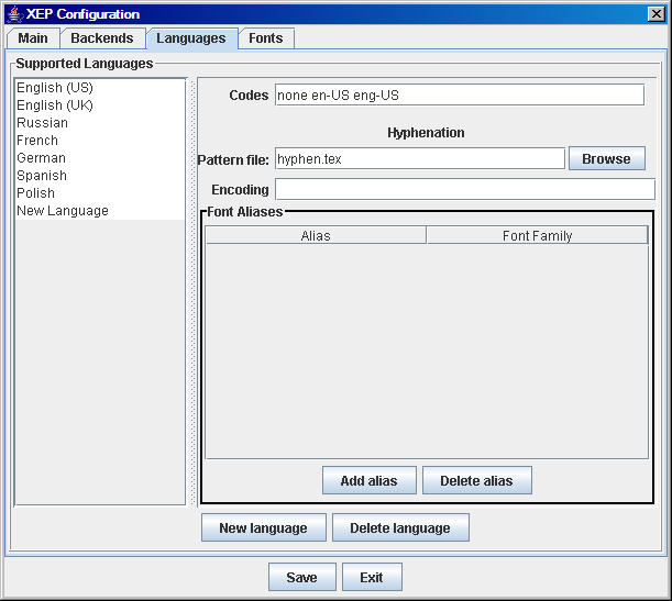 XEP Configuration Languages tab