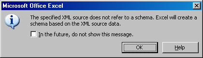 Warning that Microsoft Excel will create a schema based on selected XML file.