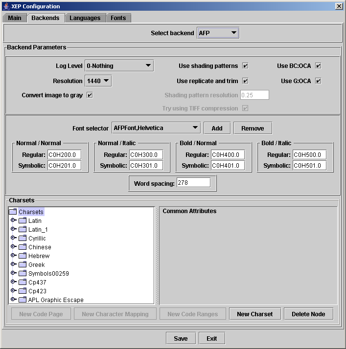 XEP Configuration Backends tab for AFP files