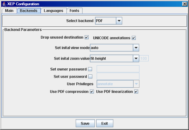 XEP Configuration Backend's tab for PDF files