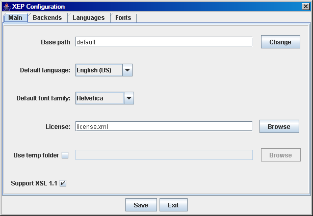 XEP Configuration Main tab