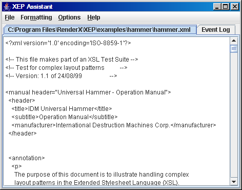 XML file displayed in XEP Assistant