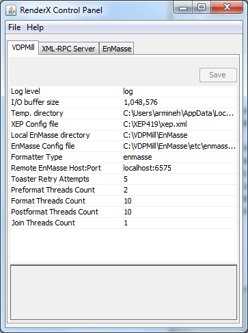 VDPMill Core Parameters displayed in VDPMill Control Panel