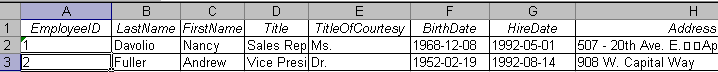 Data in the Excel spreadsheet