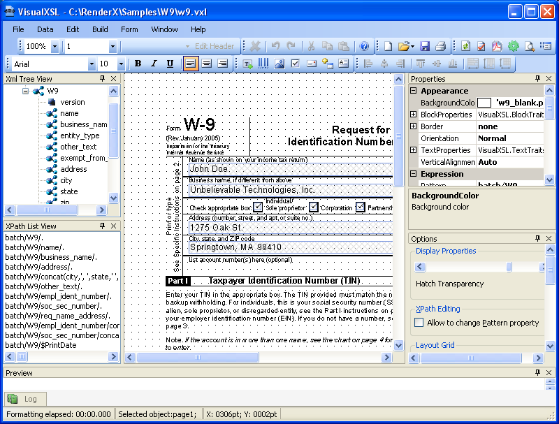 VisualXSL interface with the W9 sample project opened