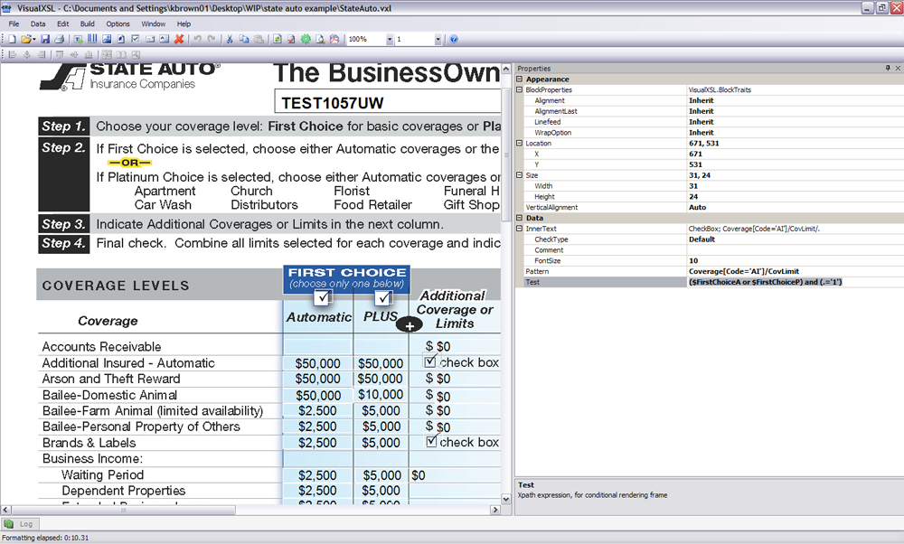 VisualXSL - GUI WYSIWYG XSLT designer: variable-data document in design area, properties, XPath expression