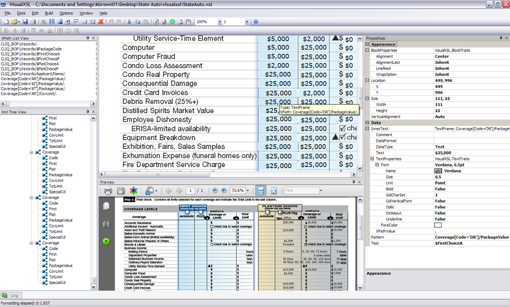VisualXSL - GUI WYSIWYG XSLT designer: XML report in design area, XML data, XPath, properties, PDF preview